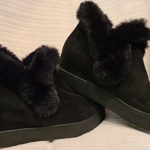J/Slides Furry Black Wedge Booties - Picture 3 of 11